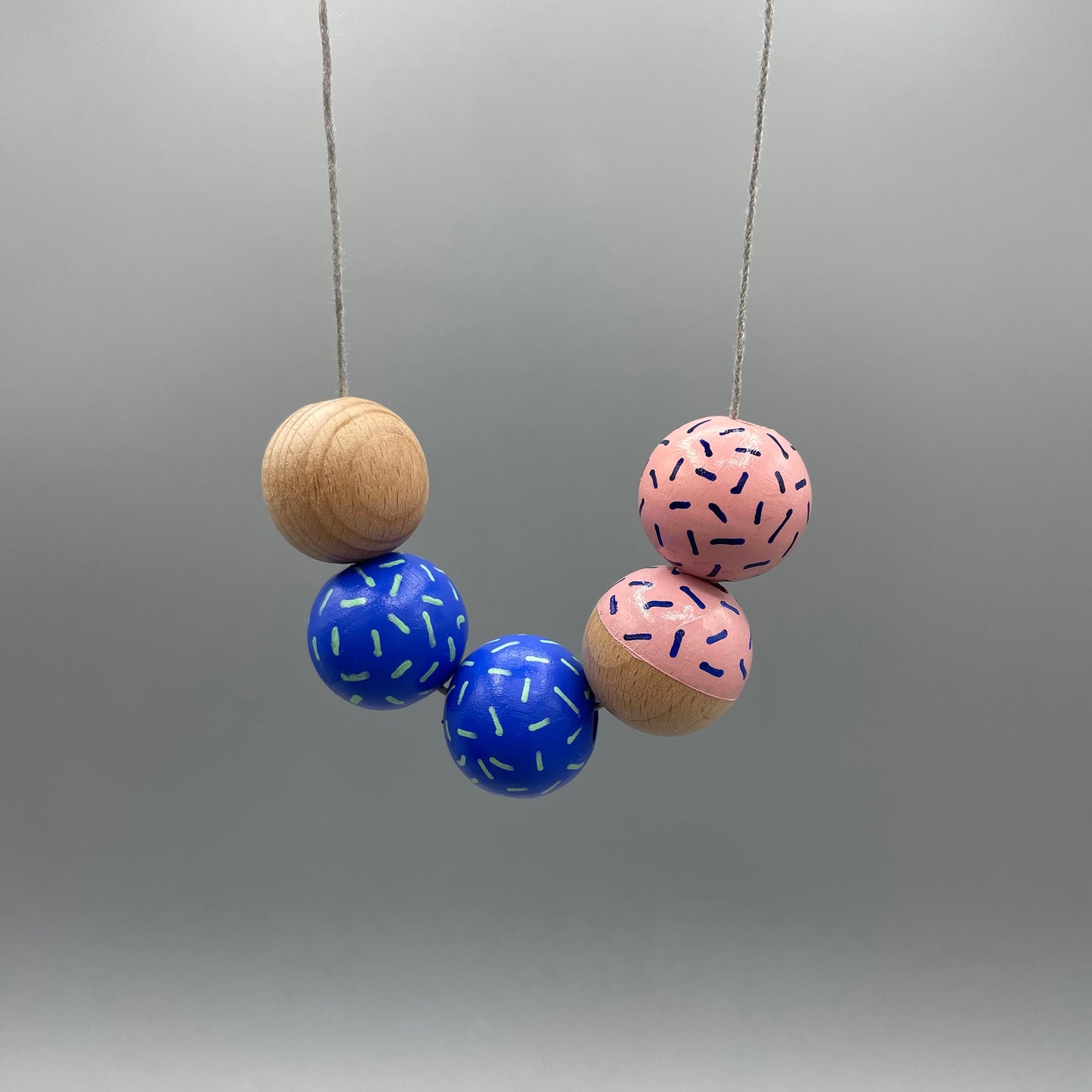 Wooden Bead Necklace – Blue & Baby Pink - Patterned