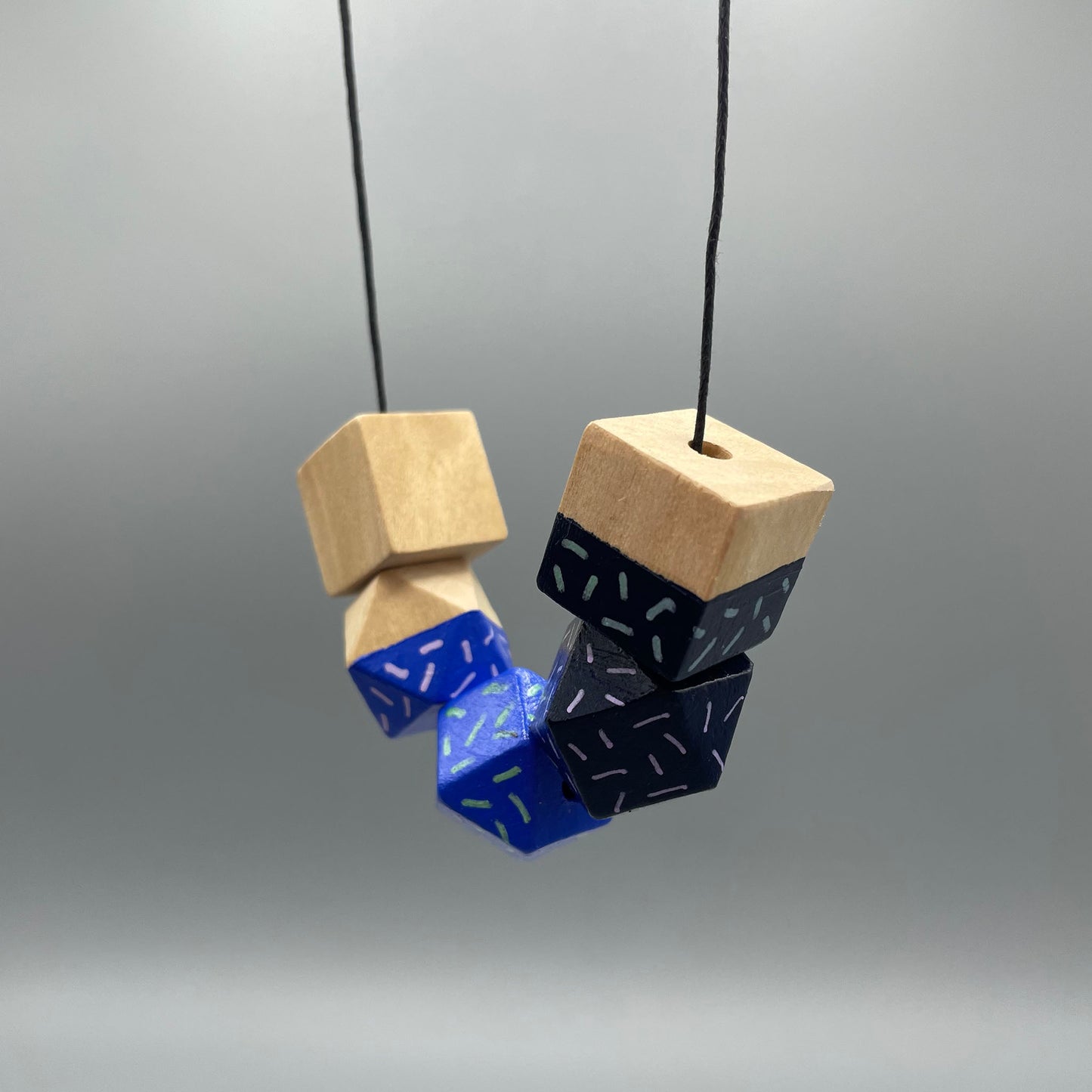 Wooden Bead Necklace – Blue & Navy - Patterned