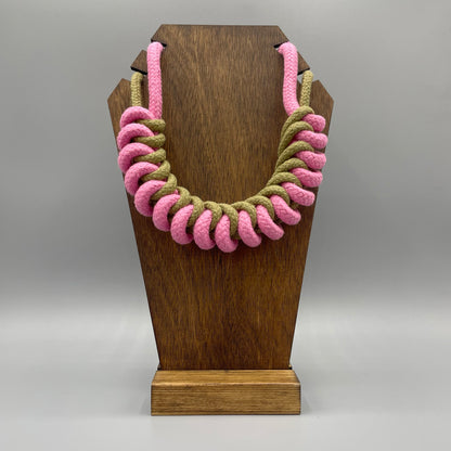 Chunky Cotton Rope Macrame Necklace - Olive & Pink