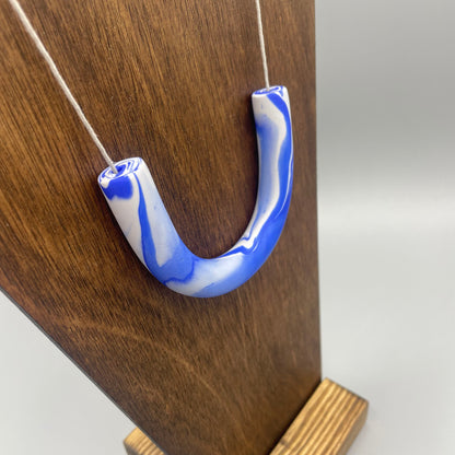 Polymer Clay Tubular Necklace – Marbled Blue & Grey