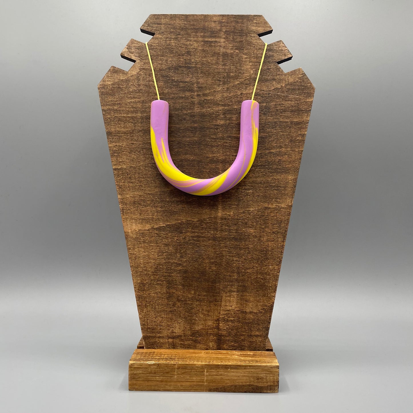 Polymer Clay Tubular Necklace – Marbled Lavender & Lemon Yellow