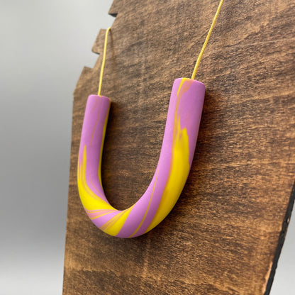 Polymer Clay Tubular Necklace – Marbled Lavender & Lemon Yellow