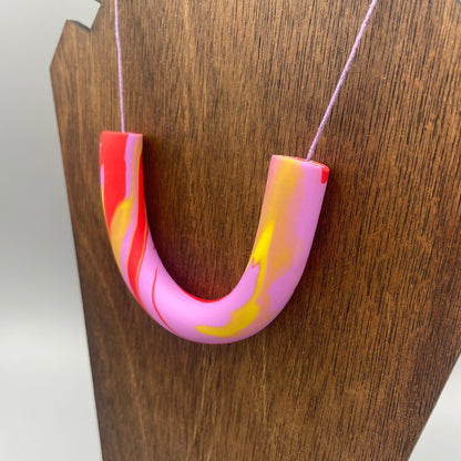 Polymer Clay Tubular Necklace – Marbled Lavender, Red & Lemon