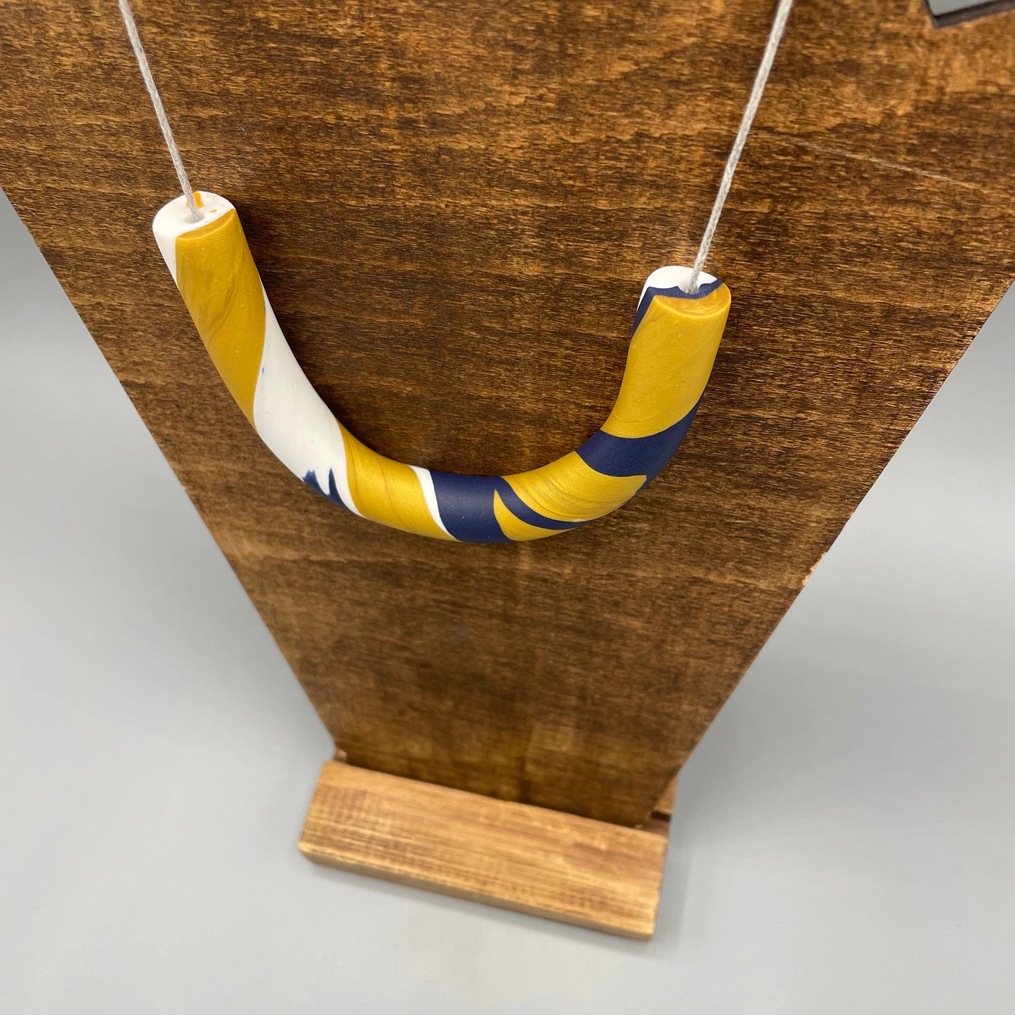 Polymer Clay Tubular Necklace – Marbled Navy, White & Gold