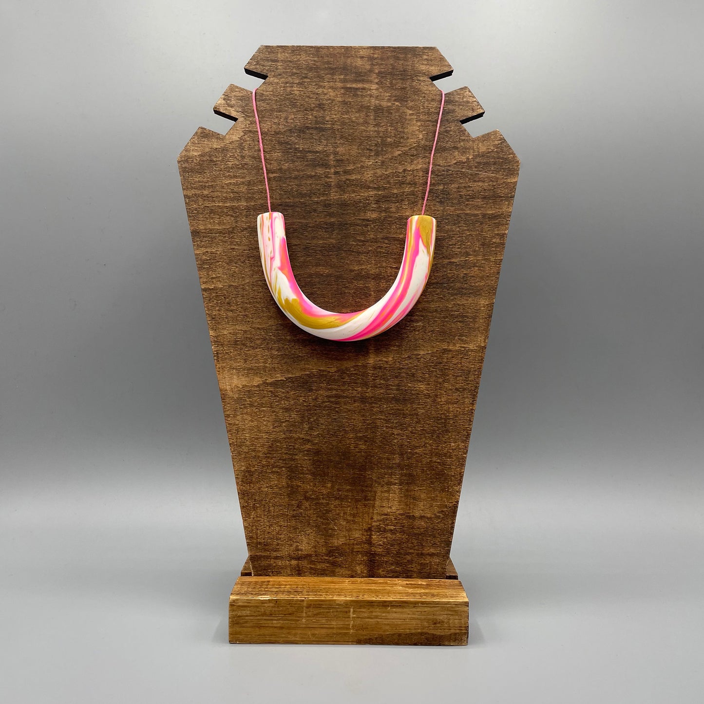 Polymer Clay Tubular Necklace – Marbled Neon Pink, White & Gold