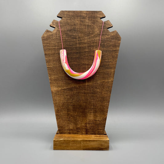 Polymer Clay Tubular Necklace – Marbled Neon Pink, White & Gold