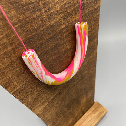 Polymer Clay Tubular Necklace – Marbled Neon Pink, White & Gold