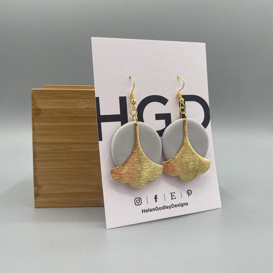 Polymer Clay Dangly Earrings – Brass Ginkgo Leaves