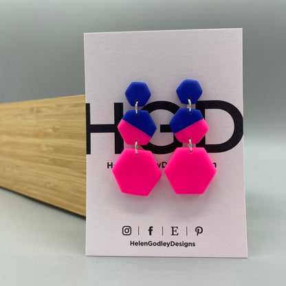 Polymer Clay Dangly Earrings – Two-tone Hexagons