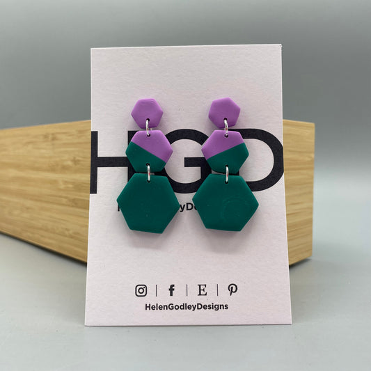 Polymer Clay Dangly Earrings – Two-tone Hexagons