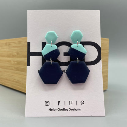 Polymer Clay Dangly Earrings – Two-tone Hexagons