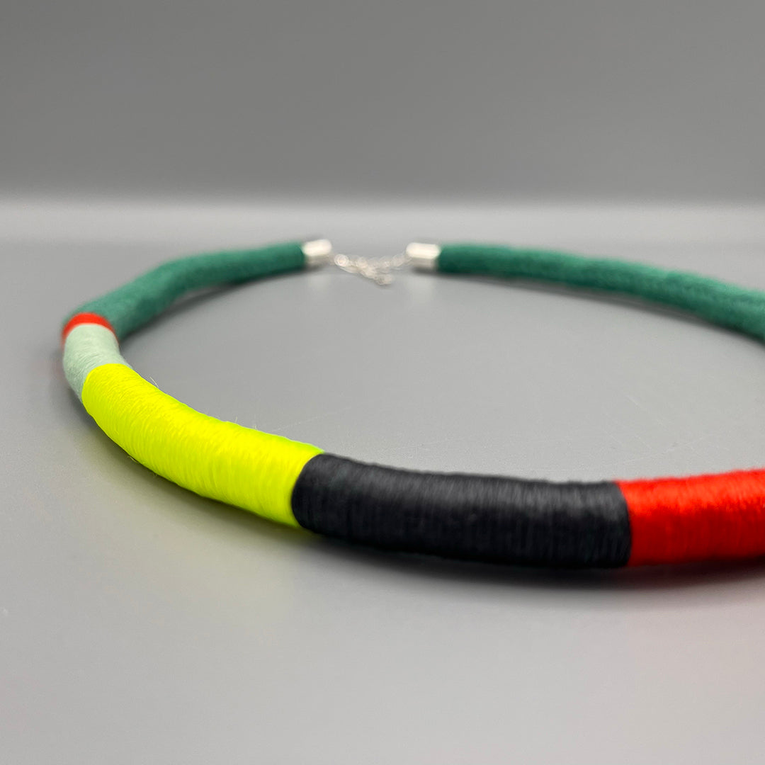 Thread Wrapped Rope Necklace - Green Neon Stripe