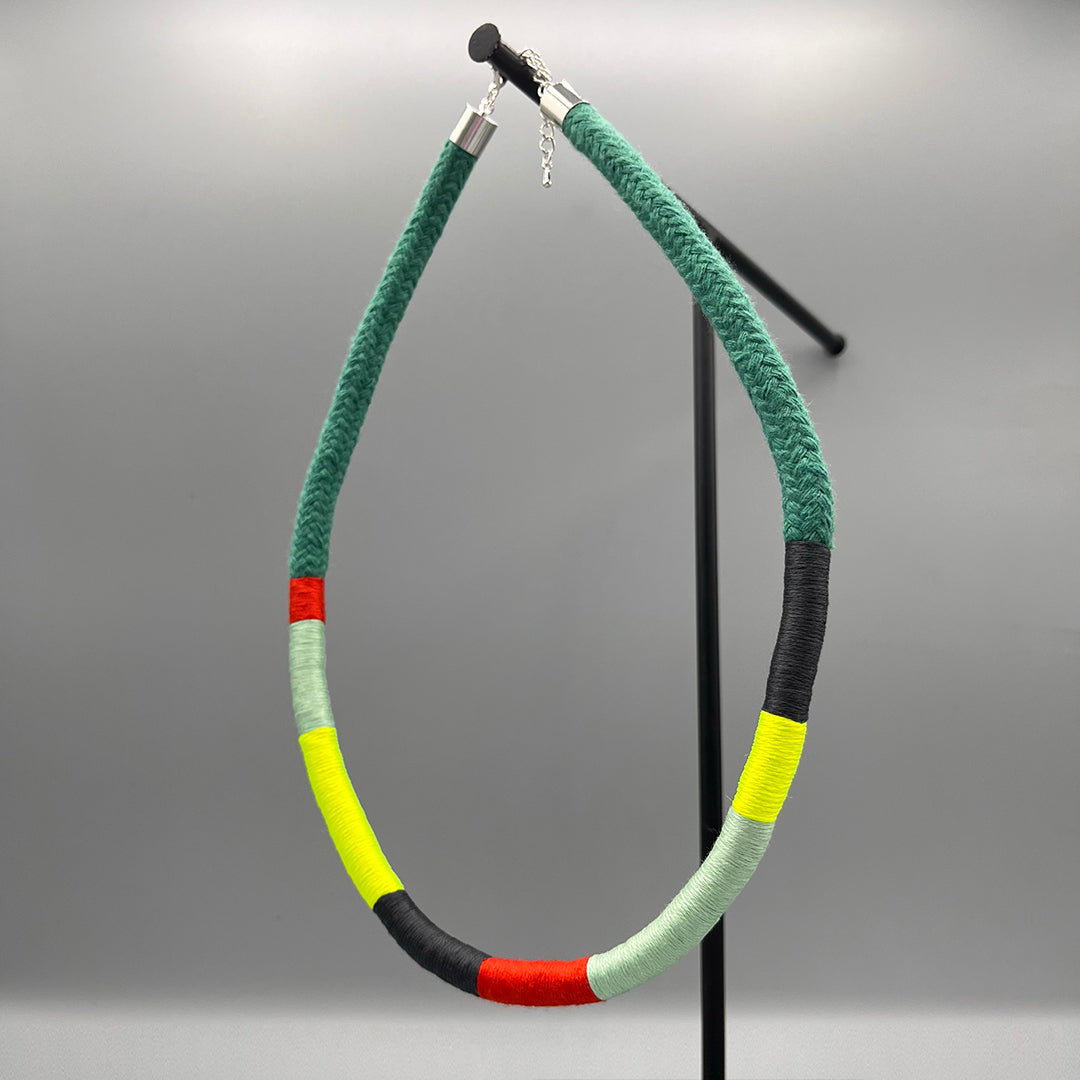 Thread Wrapped Rope Necklace - Green Neon Stripe