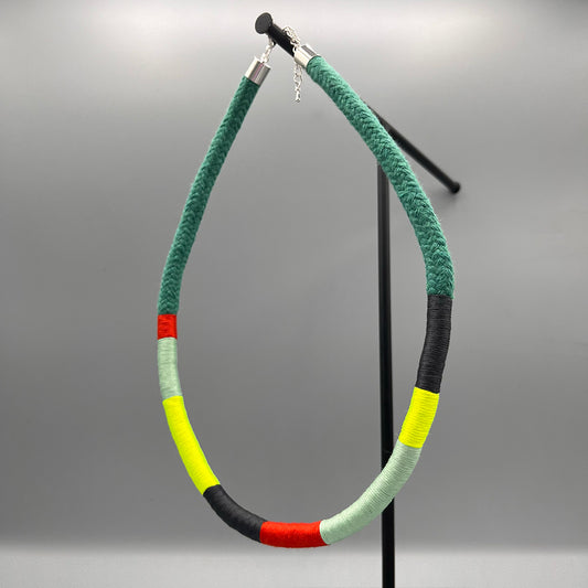 Thread Wrapped Rope Necklace - Green Neon Stripe