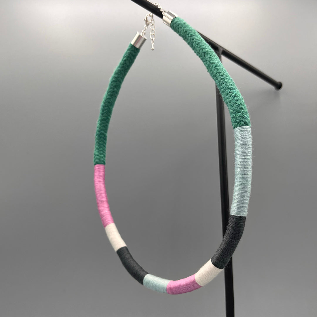 Thread Wrapped Rope Necklace - Green Pastel Stripe