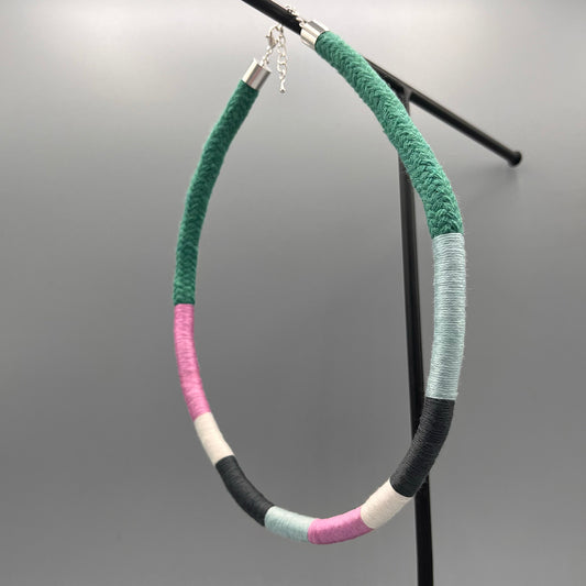 Thread Wrapped Rope Necklace - Green Pastel Stripe