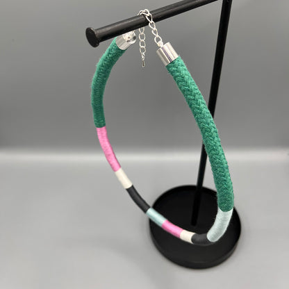 Thread Wrapped Rope Necklace - Green Pastel Stripe