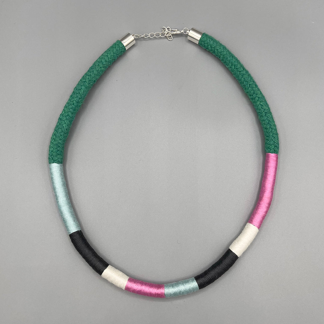 Thread Wrapped Rope Necklace - Green Pastel Stripe