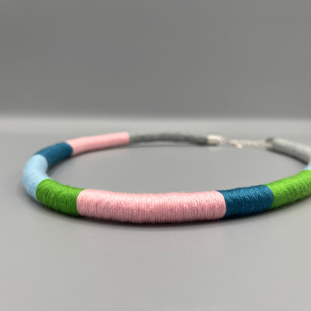 Thread Wrapped Rope Necklace - Grey Pastel Stripe