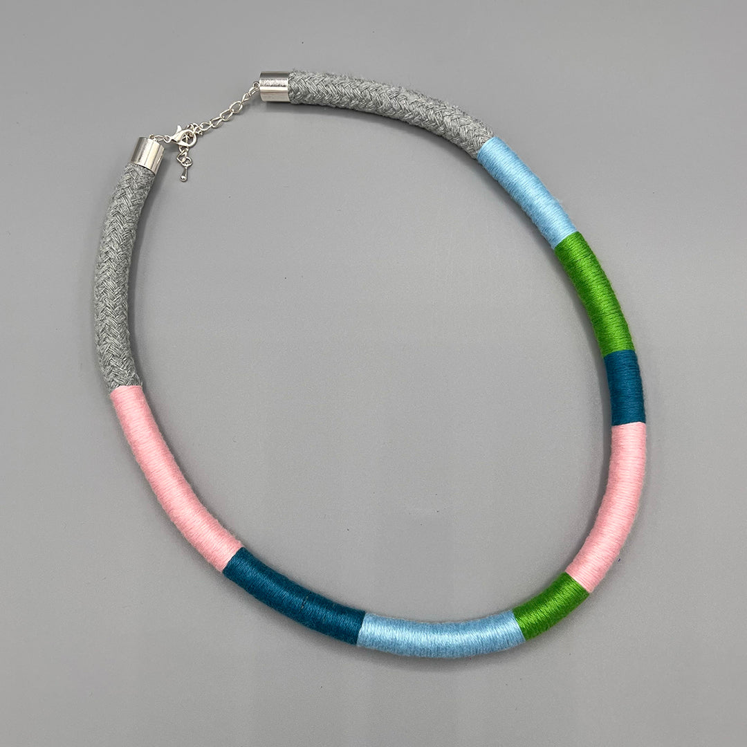 Thread Wrapped Rope Necklace - Grey Pastel Stripe