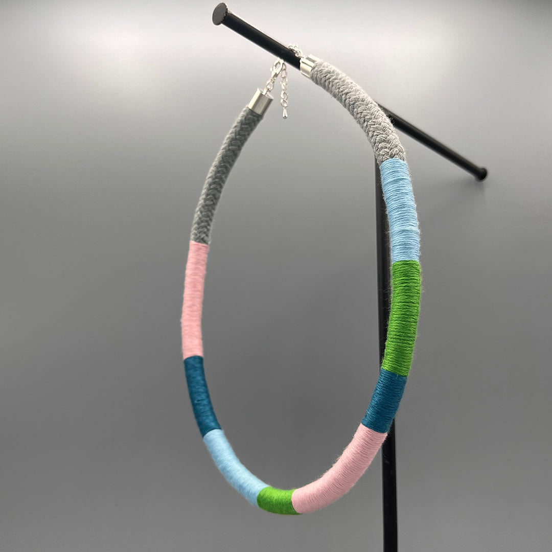 Thread Wrapped Rope Necklace - Grey Pastel Stripe