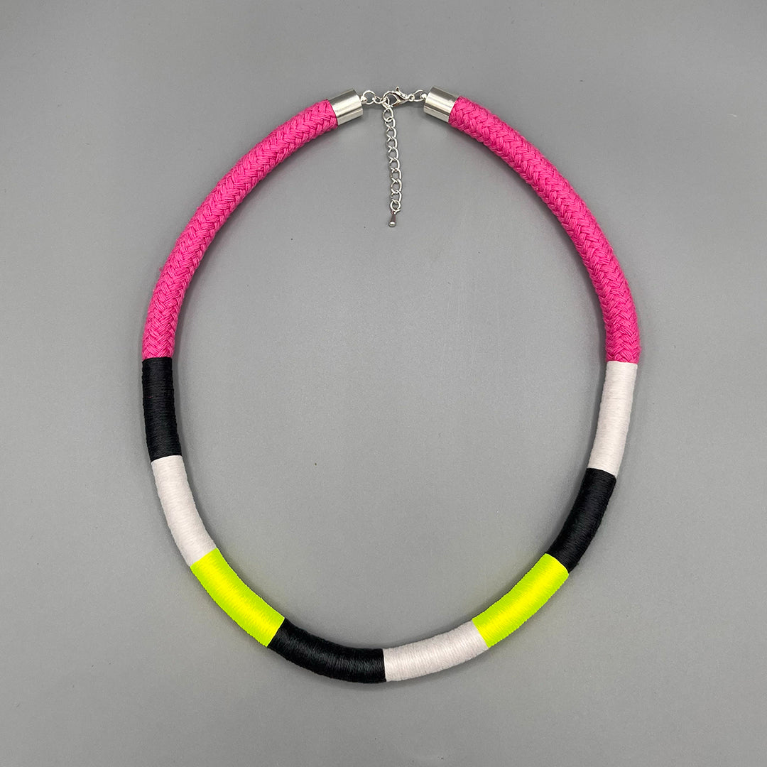 Thread Wrapped Rope Necklace - Pink Neon Stripe
