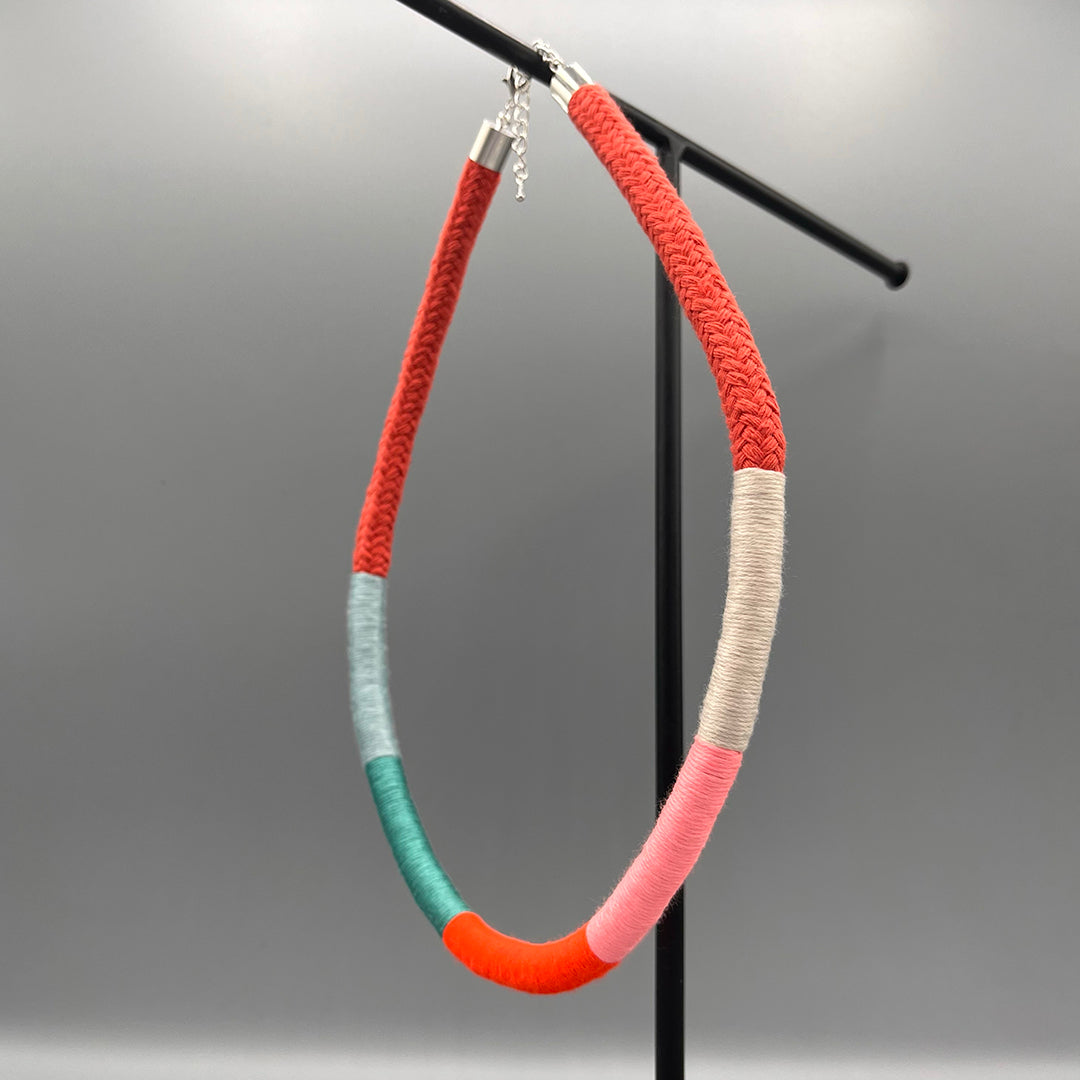 Thread Wrapped Rope Necklace - Red Mint Stripe