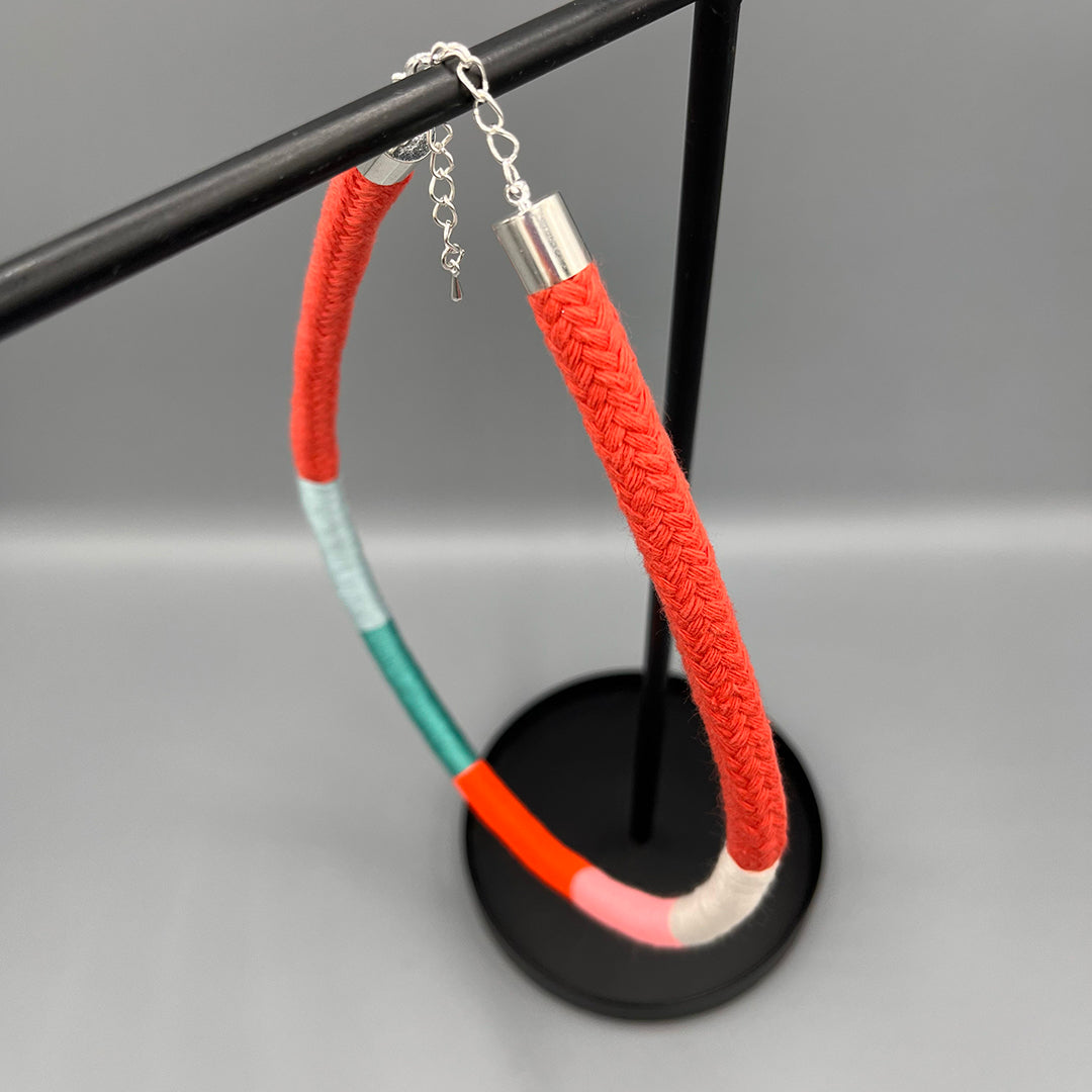 Thread Wrapped Rope Necklace - Red Mint Stripe