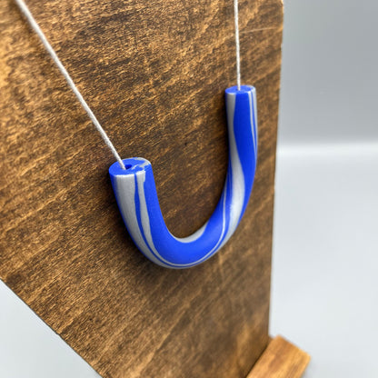 Polymer Clay Tubular Necklace – Marbled Blue & Silver