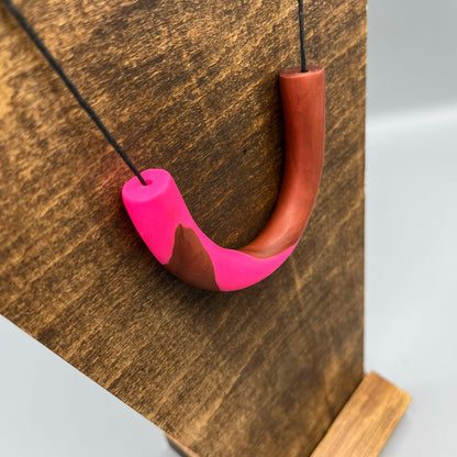Polymer Clay Tubular Necklace – Marbled Neon Pink & Bronze