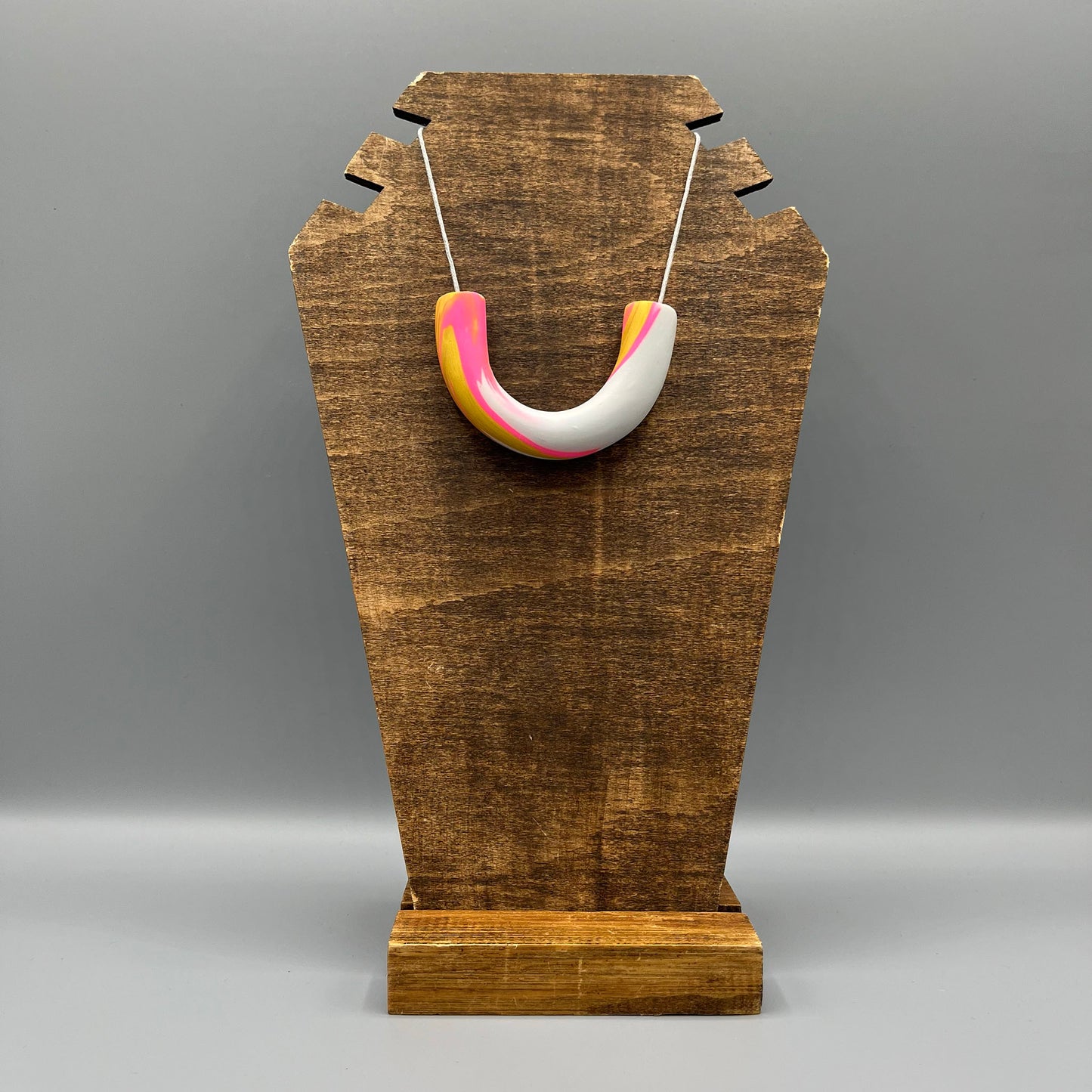 Polymer Clay Tubular Necklace – Marbled Neon Pink, Gold & Grey