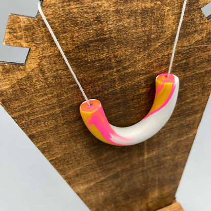 Polymer Clay Tubular Necklace – Marbled Neon Pink, Gold & Grey
