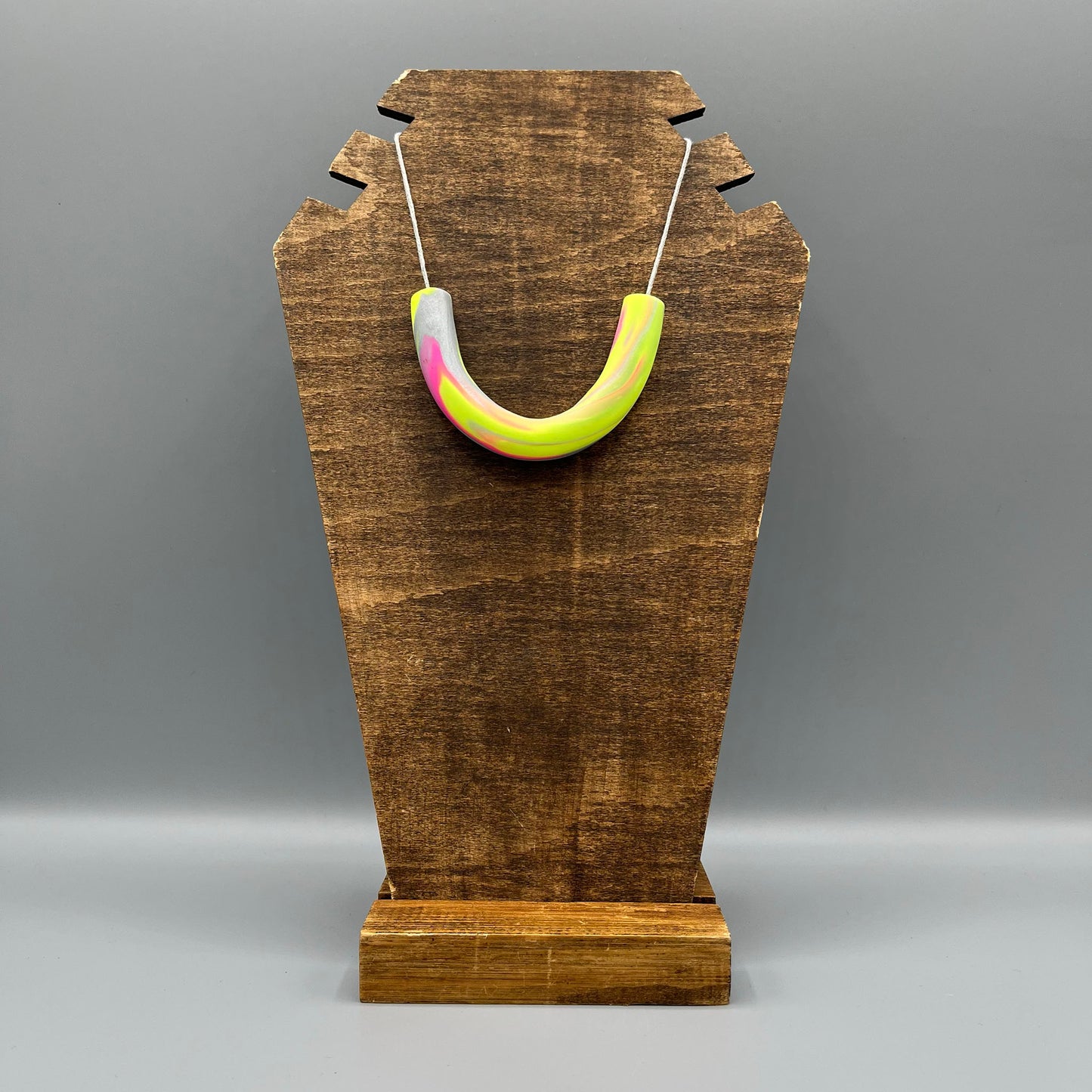 Polymer Clay Tubular Necklace – Marbled Neon Yellow, Neon Pink & Silver