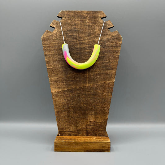 Polymer Clay Tubular Necklace – Marbled Neon Yellow, Neon Pink & Silver