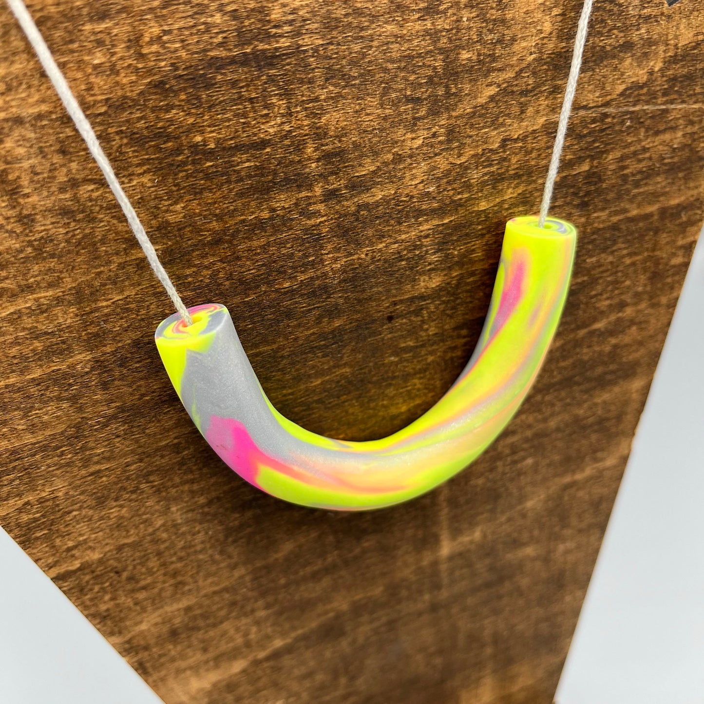 Polymer Clay Tubular Necklace – Marbled Neon Yellow, Neon Pink & Silver