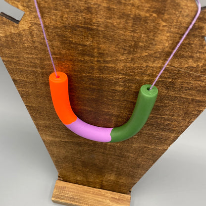 Polymer Clay Tubular Necklace – Neon Orange, Lavender & Khaki