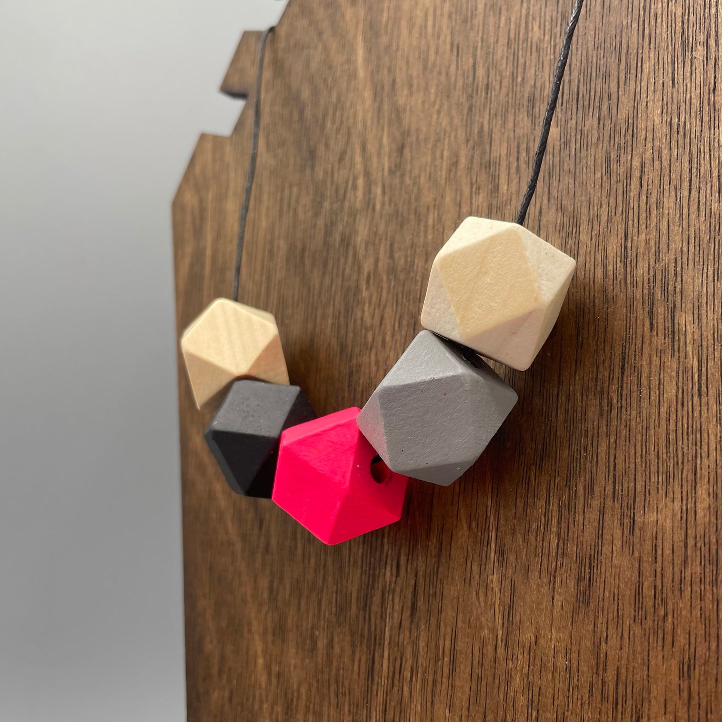 Wooden Bead Necklace – Black, Neon Pink & Grey