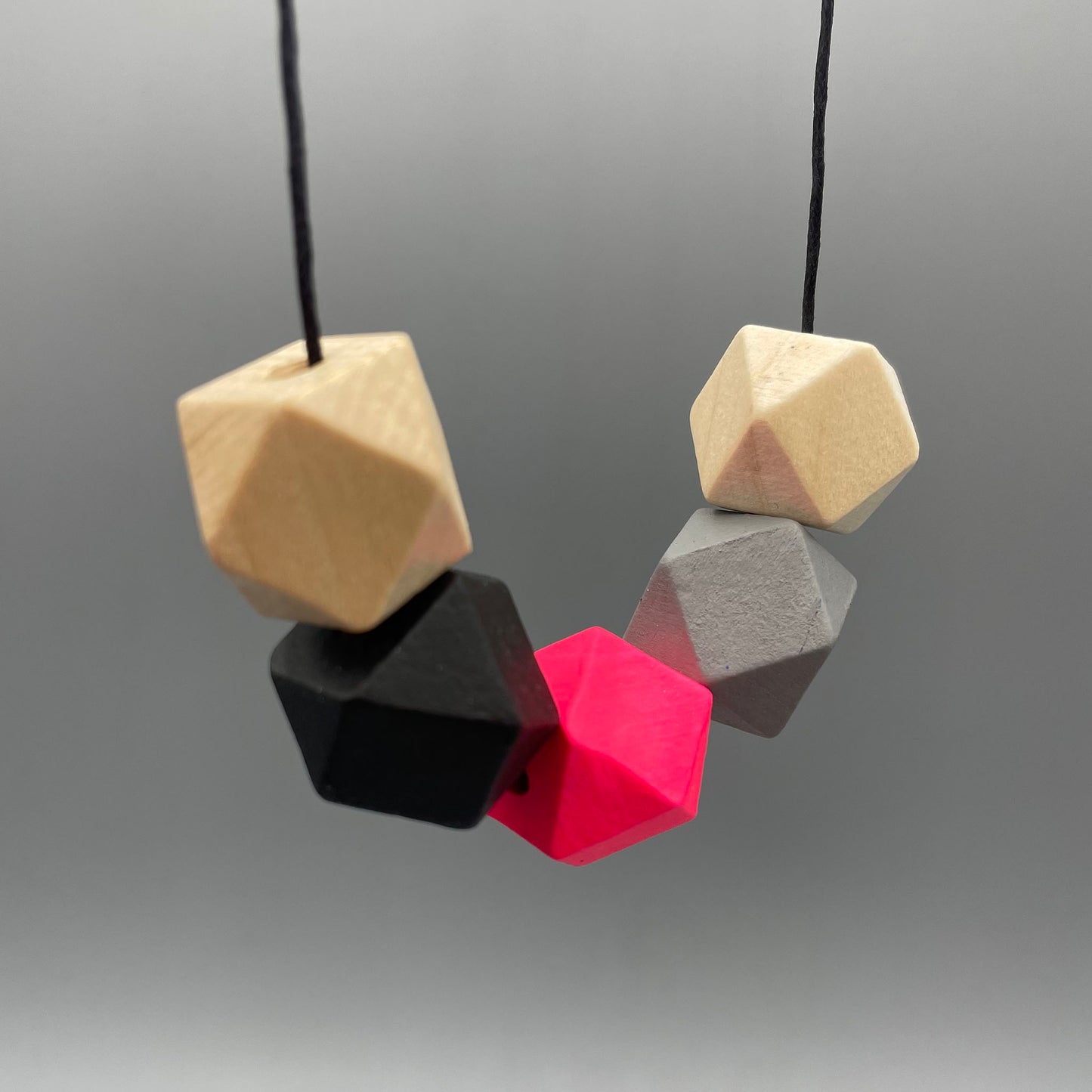 Wooden Bead Necklace – Black, Neon Pink & Grey