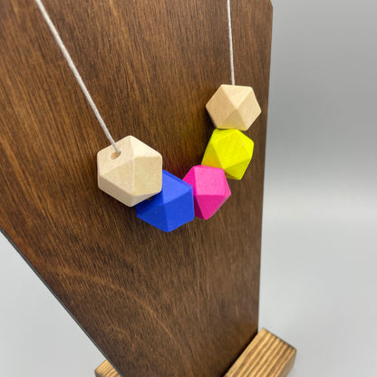 Wooden Bead Necklace – Blue, Pink & Chartreuse